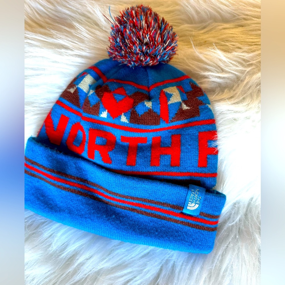 EUC The North Face‎ Unisex Blue and Red Beanie with Pom-Pom